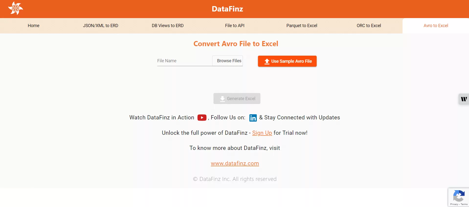 Step 1: Upload Avro File - Datafinz TryAvroExcel