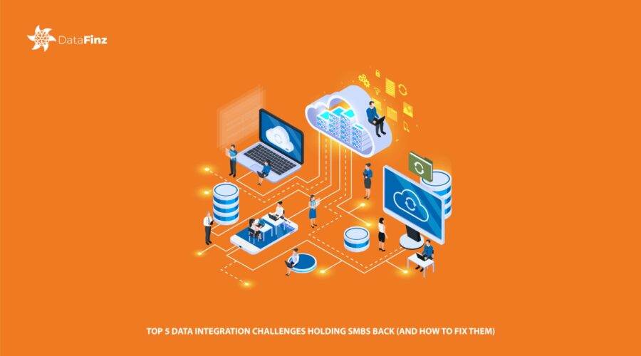 Illustration showing top 5 data integration challenges faced by SMBs, with icons representing disconnected systems, data silos, vendor lock-in, slow pipelines, and high integration costs.