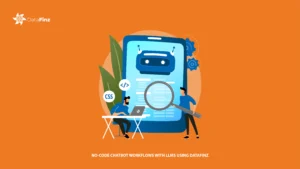 Visual representation of no-code chatbot workflow powered by LLMs like GPT-4 using DataFinz platform with drag-and-drop UI and real-time data connections